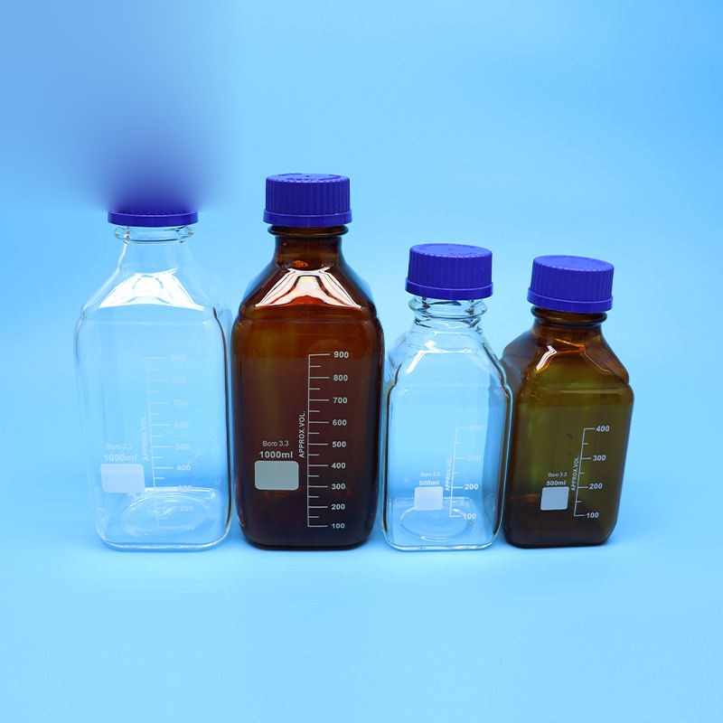 Square wide-mouth borosilicate glass reagent bottle with blue screw cap