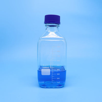 Square wide-mouth borosilicate glass reagent bottle with blue screw cap