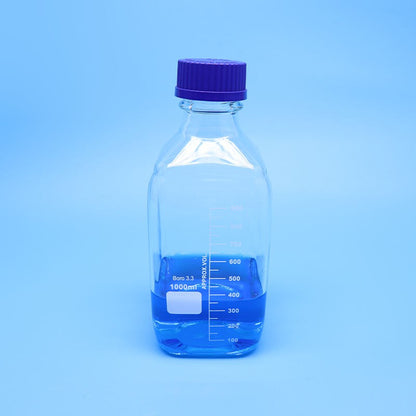 Square wide-mouth borosilicate glass reagent bottle with blue screw cap
