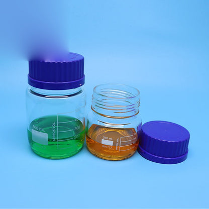 Wide-mouth borosilicate glass reagent bottle with blue screw cap