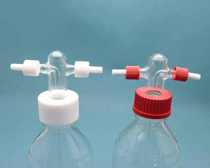 Glass buffer bottle / gas washing bottle with GL45 mouth and dispensing head