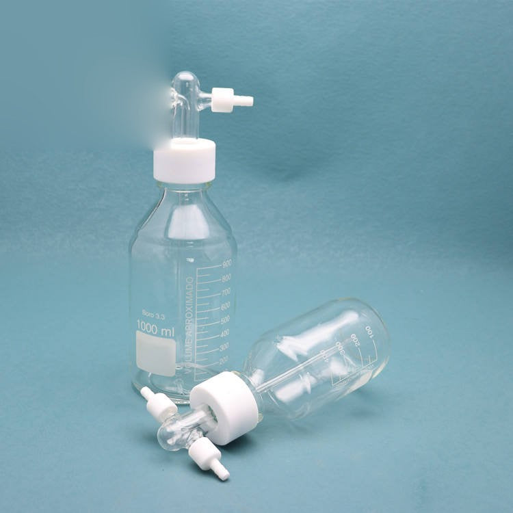 Glass buffer bottle / gas washing bottle with GL45 mouth and dispensing head