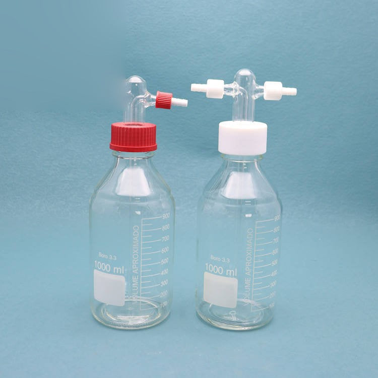 Glass buffer bottle / gas washing bottle with GL45 mouth and dispensing head