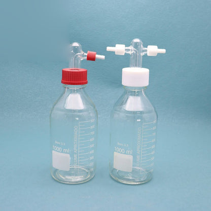 Glass buffer bottle / gas washing bottle with GL45 mouth and dispensing head