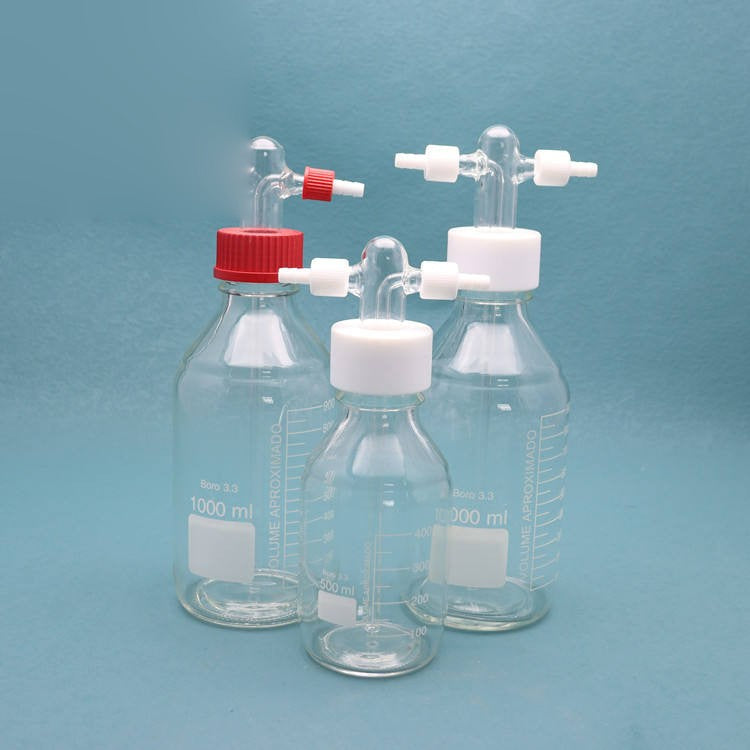 Glass buffer bottle / gas washing bottle with GL45 mouth and dispensing head