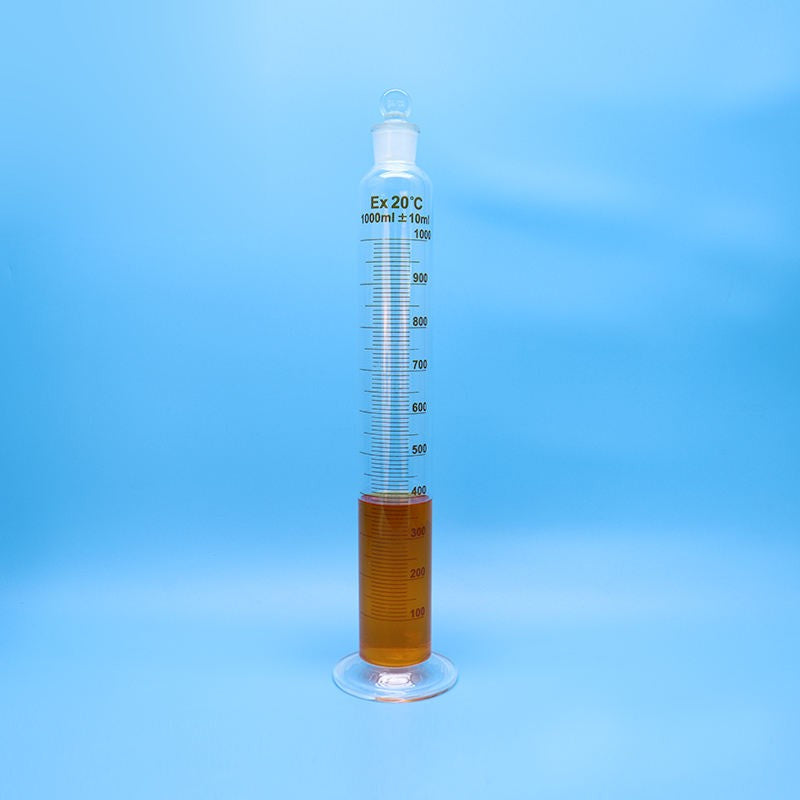 Borosilicate glass graduated measuring cylinder with stopper/plug and circular base