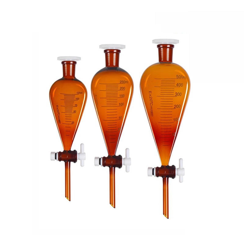 Amber Pear-Shaped Separatory Funnel, PTFE Stopcock, with Scale